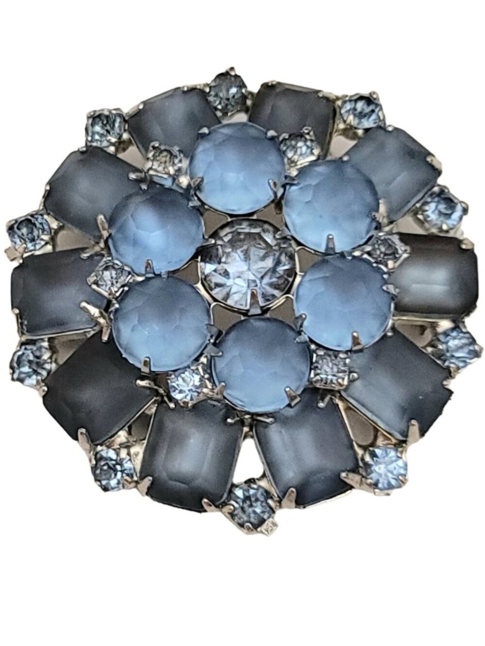 Weiss Silver Tone Blue Prong Set Rhinestone, Molded Glass Round Cluster Brooch